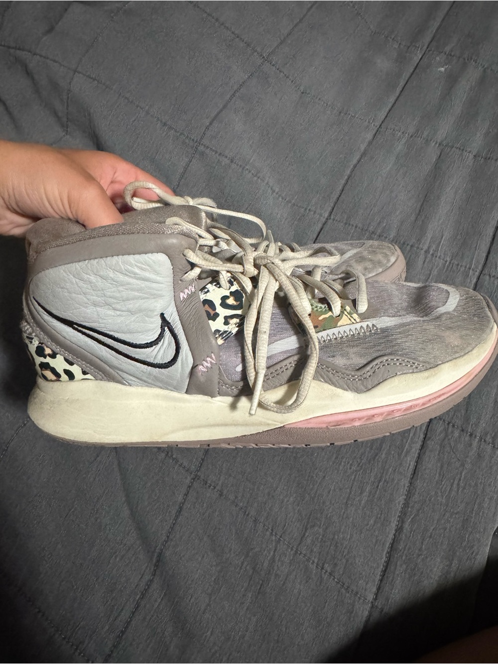 Nike Women’s Taupe and Cream Mid-Top Sneakers with Leopard Accent